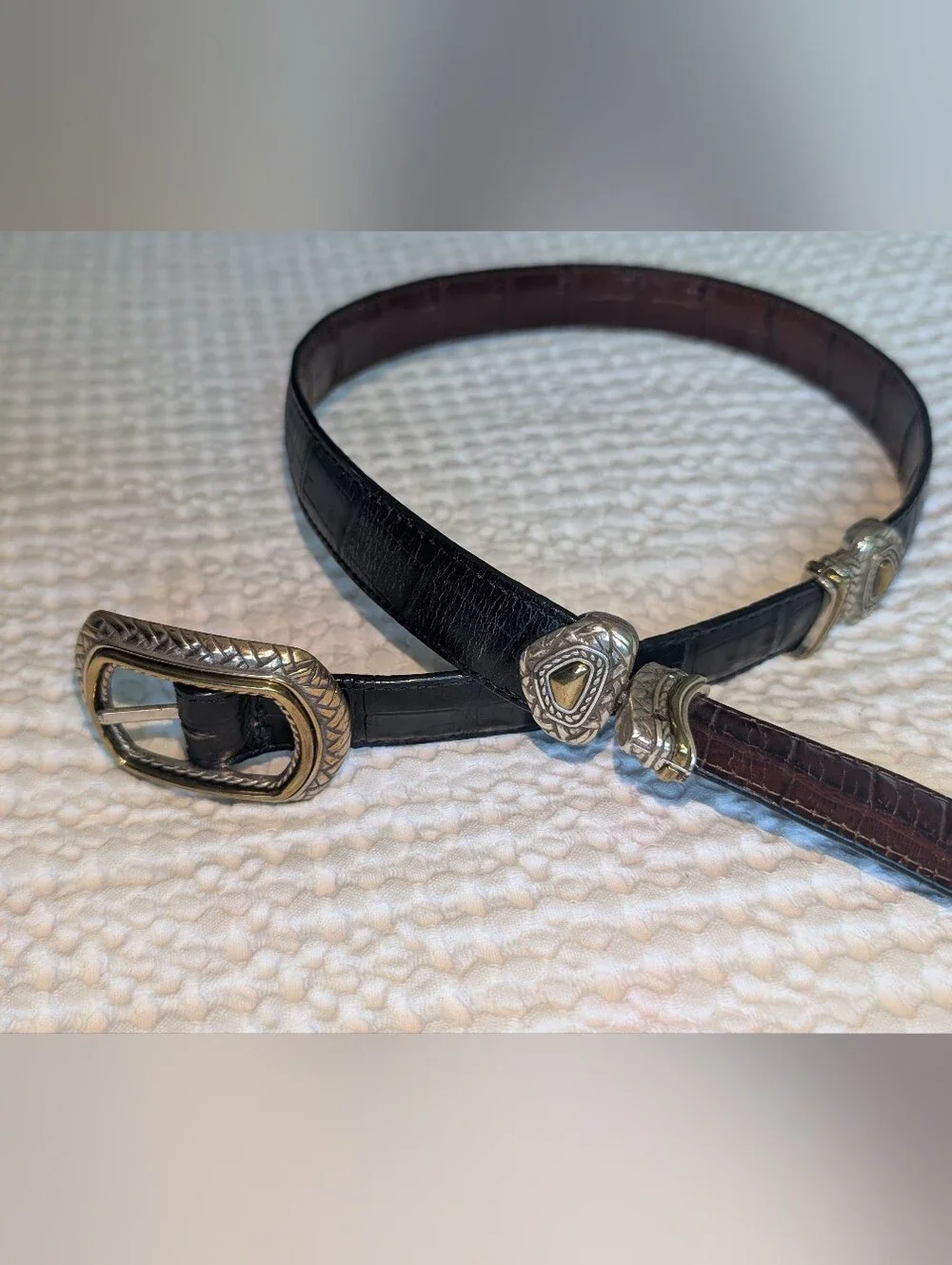 Vintage BRIGHTON Marcus Two Tone Croc Leather Belt Heart Concho 40210 Size 32